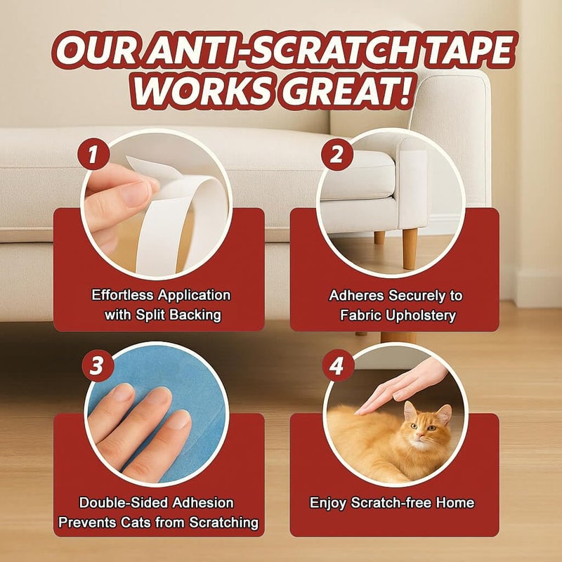 Jxselect Anti-Scratch Tape for Furniture - Stop Cats from Scratching Couch, Chair Corners, Door Frames, Countertops, and Carpets, Clear Double-Sided Cat Training Tape, 2.5" x 16 Yards Roll - Image 4